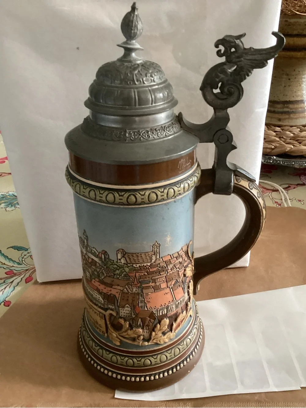 German Pre-WWII Beer Stein with Eagle Embellished Pewter Lid - Picture 2 of 5